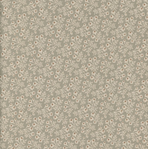 Andover Fabrics Forest Glen by Renee Nanneman Woodruff Sagebrook, fabric with a delicate beige floral pattern on a sage green background.