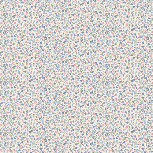 Andover Fabrics Petite Fleur by Makower UK Ditzy Blue, close-up of a floral fabric pattern with small pink, blue, and beige flowers and leaves on a cream background.
