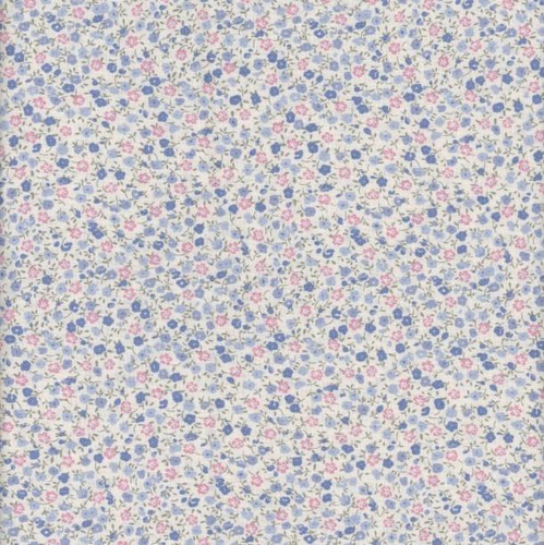 Andover Fabrics Petite Fleur by Makower UK Ditzy Blue, floral fabric pattern with small blue, pink, and white flowers on a light background.