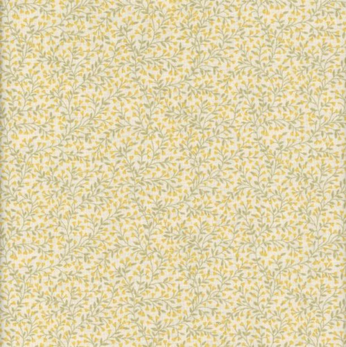 Andover Fabrics Petite Fleur by Makower UK Vine Yellow, fabric with a delicate pattern of small yellow and greenish-gray vine leaves on a light background.