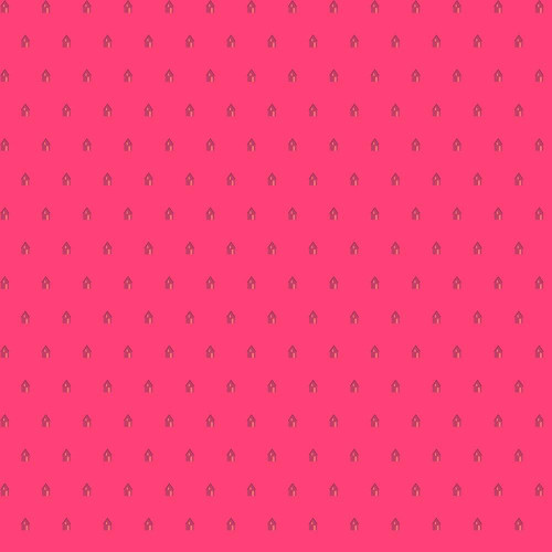 Andover Fabrics Sun Print 2026 Cabin Redwood, pink fabric with small, repeating gray and tan cabin motif pattern.
