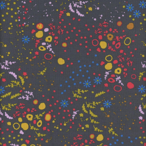 Andover Fabrics Sun Print 2026 Equanimity Dark, a dark fabric with a colorful floral and abstract pattern featuring yellow, red, and blue accents.