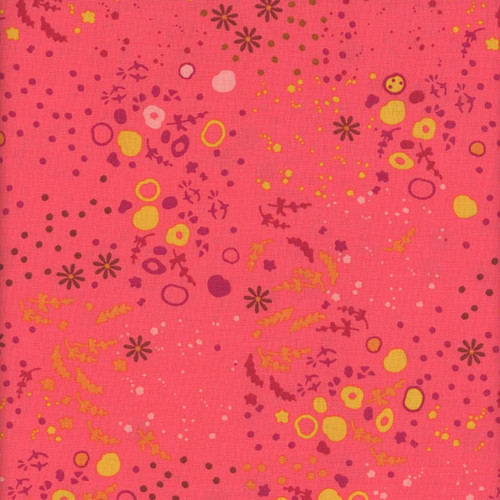 Andover Fabrics Sun Print 2026 Equanimity Strawberry, colorful floral pattern on pink background.