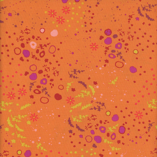 Andover Fabrics Sun Print 2026 Equanimity Squash, colorful floral and abstract pattern in orange, yellow, purple, and pink hues.