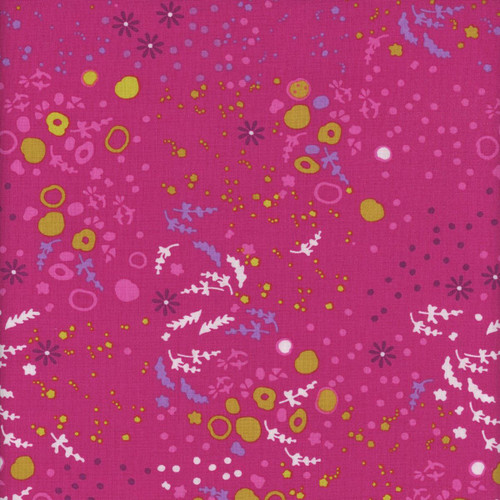 Andover Fabrics Sun Print 2026 Equanimity Cabbage, vibrant pink fabric with a colorful floral and abstract pattern.