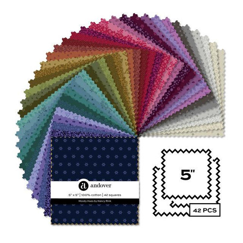 Andover Fabrics Moody Hues by Nancy Rink Charm Squares 5 Inch, a set of 42 colorful fabric squares in various shades and patterns, ideal for quilting and craft projects.