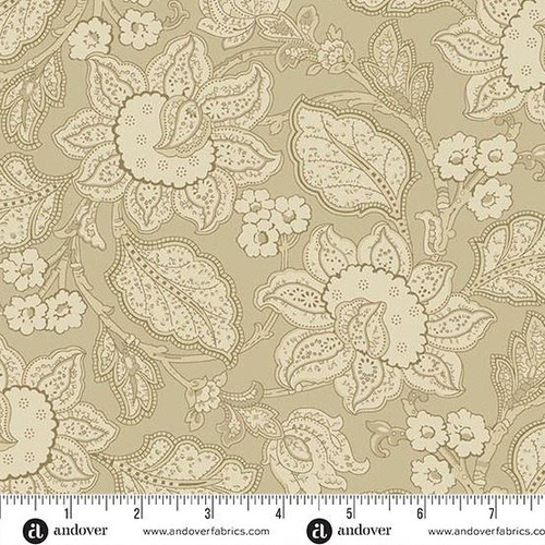 Andover Fabrics Forest Glen by Renee Nanneman Jacobean 108 inch wide quilt back Coastal Tan, fabric with a floral and leaf pattern in beige and tan tones.