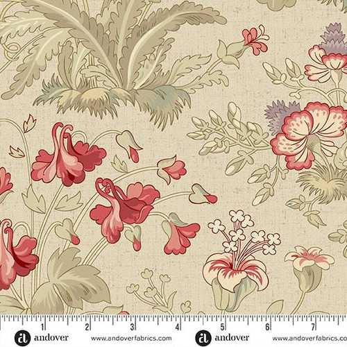 Andover Fabrics Forest Glen by Renee Nanneman Highlands 108 inch wide quilt back Fog Mist, floral fabric featuring pink and red flowers with green and beige leaves on a light beige background.