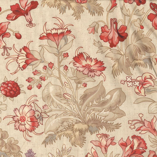 Andover Fabrics Forest Glen by Renee Nanneman Highlands 108 inch wide quilt back Fog Mist, floral fabric with red, pink, beige, and green tones on a beige background.