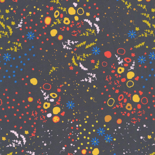 Andover Fabrics Sun Print 2026 108s by Alison Glass Equanimity Dark, abstract floral and geometric pattern in yellow, red, pink, and blue on a dark background.