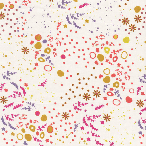 Andover Fabrics Sun Print 2026 108s by Alison Glass Equanimity Light, botanical pattern with pink, purple, gold, and brown abstract floral and dot motifs on a white background.