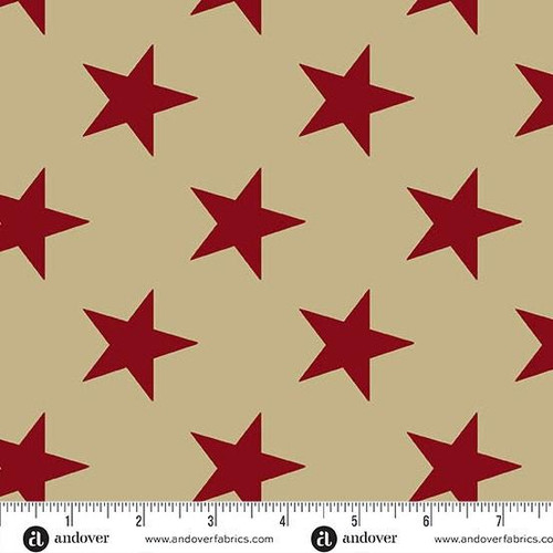 Andover Fabrics Fredericksburg Revisited by Jo Morton Star Spangled 108 inch wide quilt back Lace, fabric with red stars on a beige background.