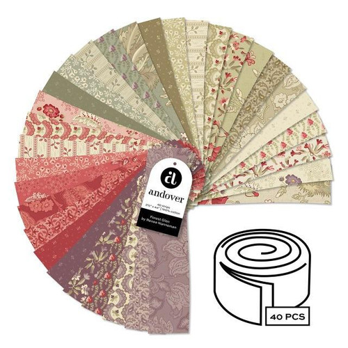 Andover Fabrics Forest Glen by Renee Nanneman Jelly Roll Fabric Strips 40 Cuts, colorful fabric strips with floral and intricate patterns arranged in a circular fan display.