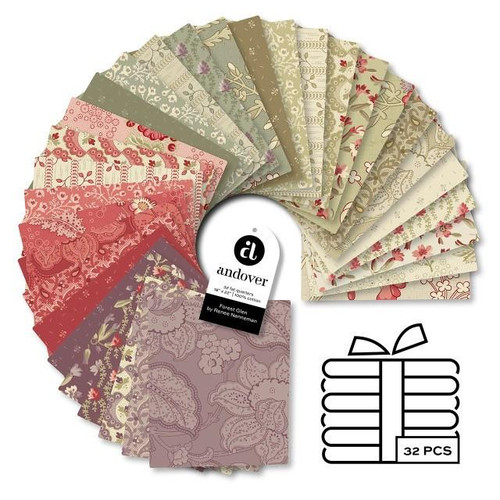 Andover Fabrics Forest Glen by Renee Nanneman 32 Fat Quarters, showcasing a variety of floral and nature-inspired fabric prints in soft, earthy tones.