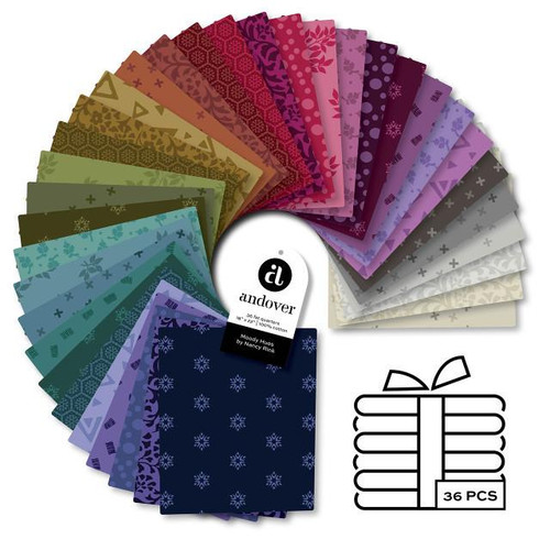 Andover Fabrics Moody Hues by Nancy Rink 36 Fat Quarters, colorful fabric bundle arranged in a circular display with various shades from warm browns and reds to cool blues and greys.