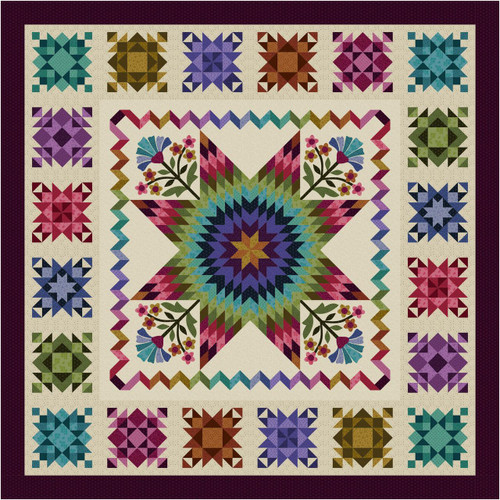 Andover Fabrics Moody Hues by Nancy Rink Warm Cream Moody Hues Quilt Kit, colorful quilt with a central star pattern and floral accents surrounded by smaller geometric designs in shades of pink, purple, blue, green, and brown.