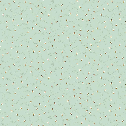 Timeless Treasures Fabrics Kids Bee Wild Flying Bees Green, close-up image of a printed fabric with small flying bee illustrations on a green background.