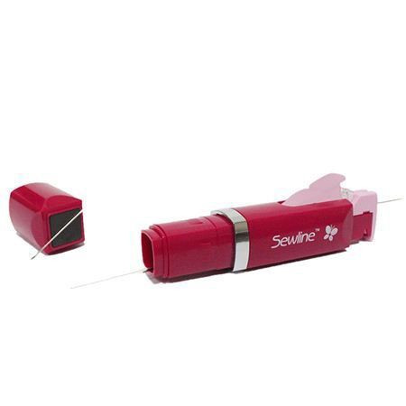 The Sewline Needle Threader only works with 9-12 size needles. Simply insert the needle in a guide hole, lay the thread across a positioning groove and press lightly down on the lever. The thread is guided cleanly through the needle eye. This smart little threader also stores needles and features a magnetic end to quickly pick up wayward needles.