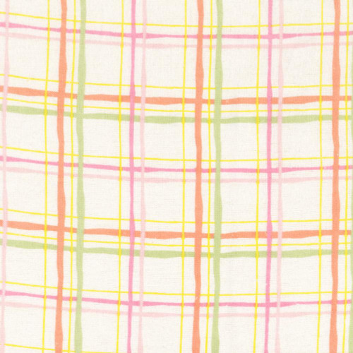 Fabric Editions Comfy Flannel Cream White Pink Green Yellow Plaid, a colorful plaid fabric with pastel pink, green, yellow, and orange lines on a cream background.