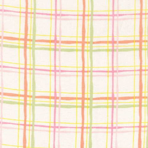 Fabric Editions Comfy Flannel Cream White Pink Green Yellow Plaid, colorful plaid pattern in pastel shades of pink, green, yellow, and orange on a cream background.