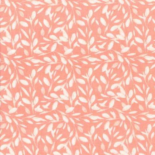 Fabric Editions Comfy Flannel Cream Peach Pink Willow Leaves, pink and white leafy floral pattern on soft flannel fabric.