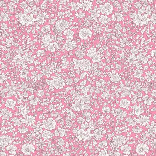 Liberty Fabrics Lasenby Cotton Emily Belle Floral Vintage Pink, pink floral floral pattern textile with white detailed flower illustrations.