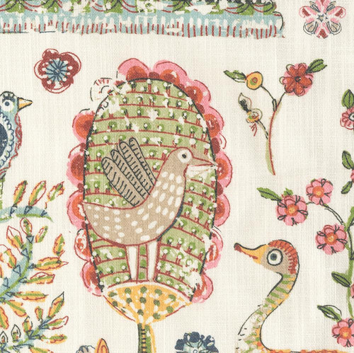 Covington Fabrics Bollywood Garden 212 Cream Yellow Pink Green Indian Folk Art Flowers and Motifs, close-up of a fabric featuring a stylized bird with a patterned tail and a flower surrounded by floral and botanical patterns.
