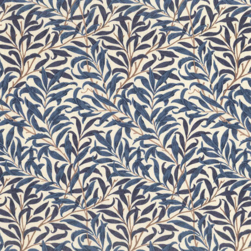 Free Spirit Fabrics William Morris Standen Navy Willow Boughs fabric, navy blue and beige botanical pattern with detailed willow branches and leaves.