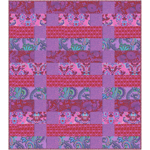 Windham Fabrics Sweet Talk Olympiad Pink Quilt Kit, colorful fabric squares with floral and geometric patterns for quilting.