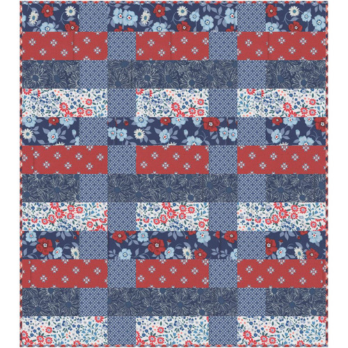 Windham Fabrics Front Porch Olympiad Quilt Kit, a colorful patchwork quilt featuring red, white, and blue floral and star patterns with various fabric designs.