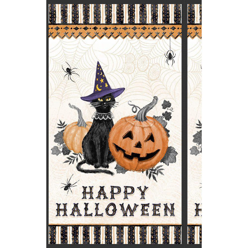 Wilmington Prints Meow-Gical Night Michael Davis Large Panel Multi, Halloween-themed illustration with a black cat wearing a wizard hat, pumpkins, spiders, and spiderwebs, with a playful "Happy Halloween" message.