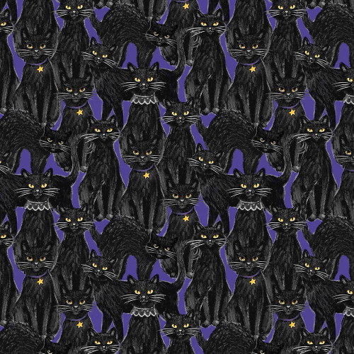 Wilmington Prints Meow-Gical Night Michael Davis Packed Cats Purple, seamless pattern of black cats with yellow eyes on a purple background.