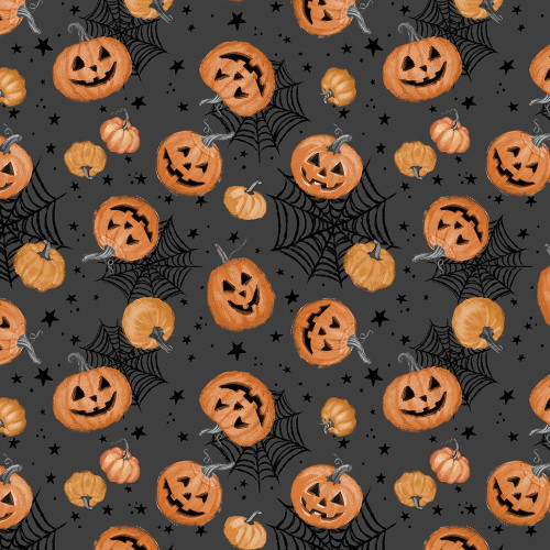 Wilmington Prints Meow-Gical Night Michael Davis Pumpkin Toss Black, Halloween-themed pattern featuring carved pumpkins, spider web designs, and stars on a dark background.