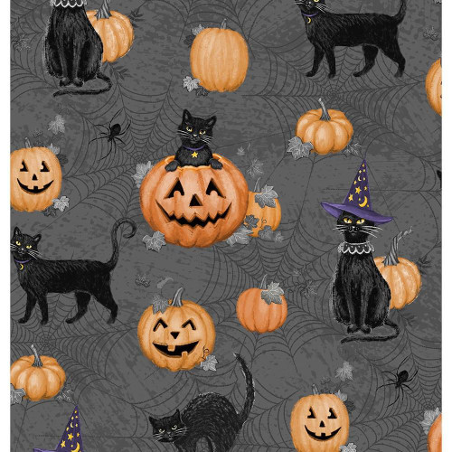 Wilmington Prints Meow-Gical Night Michael Davis Cats & Pumpkins All Over Black, Halloween-themed fabric pattern featuring black cats, carved pumpkins, witches hats, and spiderwebs on a dark background.
