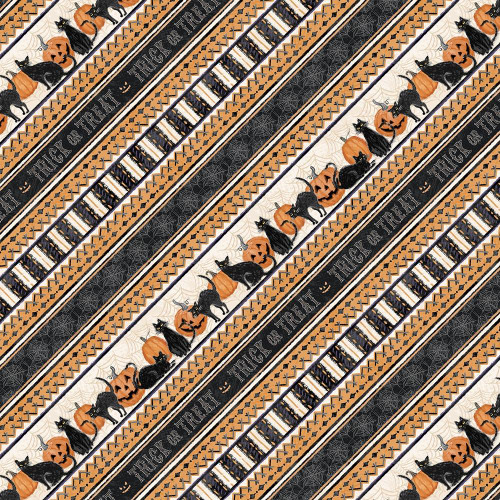 Wilmington Prints Meow-Gical Night Michael Davis Ticking Stripe Orange Cream fabric showing Halloween-themed cats, pumpkins, and striped patterns in black, orange, and cream colors.