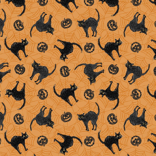 Wilmington Prints Meow-Gical Night Michael Davis Scaredy Cats Orange, Halloween themed fabric with black cats and pumpkin jack-o'-lanterns on an orange background.
