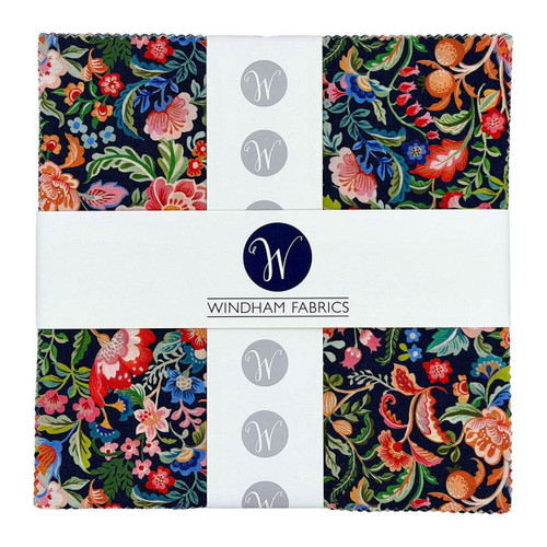 Windham Fabrics Tapestry Clare Therese Layer Cake Ten Inch Squares, colorful floral fabric bundle with vibrant flower patterns on a dark background.