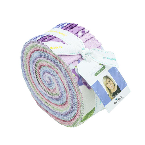 Riley Blake Fabrics Hydrangeas in the Garden Rollie Polie Jelly Roll Fabric Strips, colorful fabric strips rolled into a spiral with pastel shades of purple, pink, blue, and green, tied with a white ribbon.