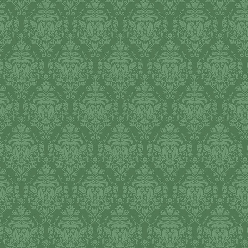 Riley Blake Fabrics Ambleside William Morris Damask Green, detailed green damask pattern fabric with intricate floral and leaf motifs.