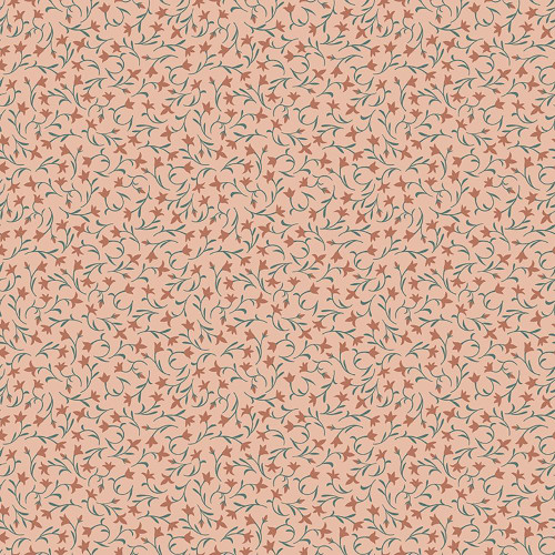 Riley Blake Fabrics Ambleside Lily Flower Toss Blush Pink, fabric with a delicate pattern of small, scattered blush pink flowers and green vines on a soft pink background.