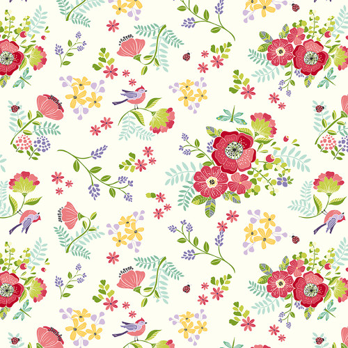 Riley Blake Fabrics Awakening Spring Flowers Lady Bugs Birds Cream