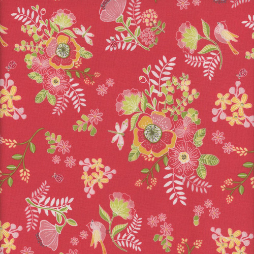 Riley Blake Fabrics Awakening Spring Flowers Lady Bugs Birds Cayenne Red, floral fabric pattern with pink, yellow, green, and white flowers, ladybugs, birds, and dragonflies on a red background.