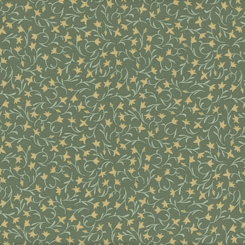 Riley Blake Fabrics Ambleside Lily Flower Toss Green, floral fabric pattern with green background and yellow flower and vine design