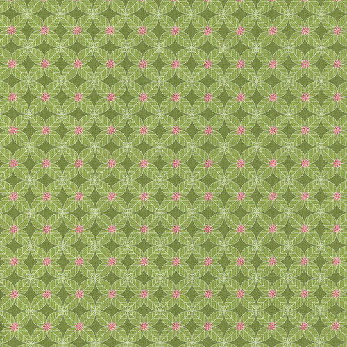 Riley Blake Fabrics Awakening Petals Tile Trellis Kiwi Green, a fabric with a geometric floral pattern of white outlined leaves and pink flowers on a vibrant green background.