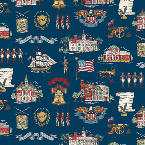 Riley Blake Fabrics Independence American Icons Independence Hall Mount Vernon Boston Oxford Blue