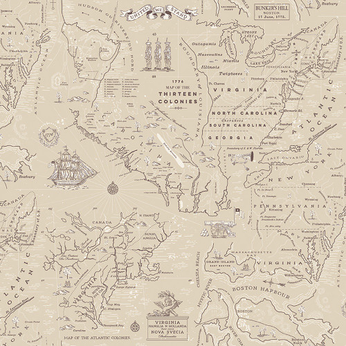 Riley Blake Fabrics Independence Colonial Map Thirteen Colonies Beige Cream