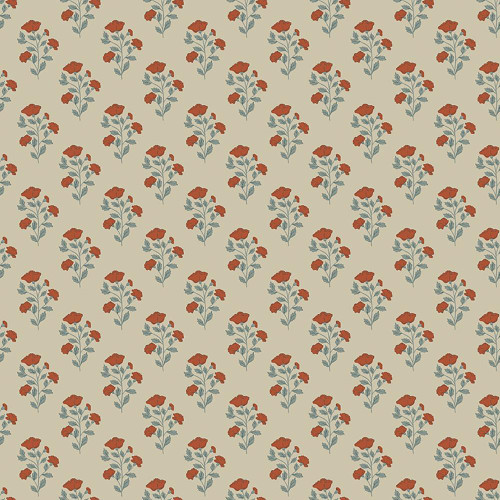 Riley Blake Fabrics Ambleside Flower Stems Sand Cream Orange, fabric pattern featuring delicate flower stems with orange flowers and gray leaves on a light sand cream background.