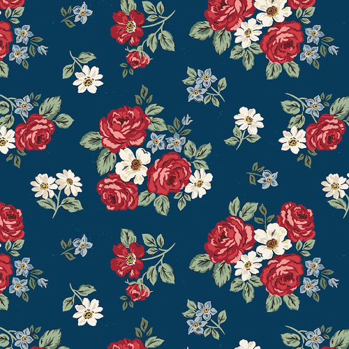Riley Blake Fabrics Independence Roses Dogwood Flowers Oxford Blue, floral fabric design with red roses, white daisies, and blue dogwood flowers on a navy blue background.