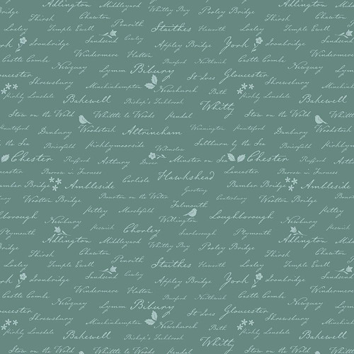 Riley Blake Fabrics Ambleside English Town Names Teal, fabric design featuring handwritten town names, birds, leaves, and flowers in a teal background.