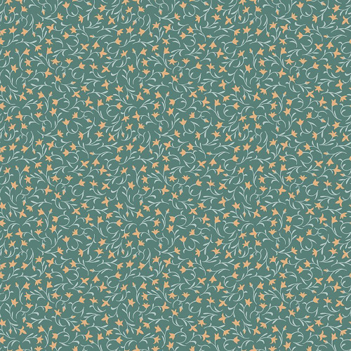 Riley Blake Fabrics Ambleside Lily Flower Toss Teal Blue Green, floral fabric pattern with small peach flowers and light blue-green vines on a teal background.